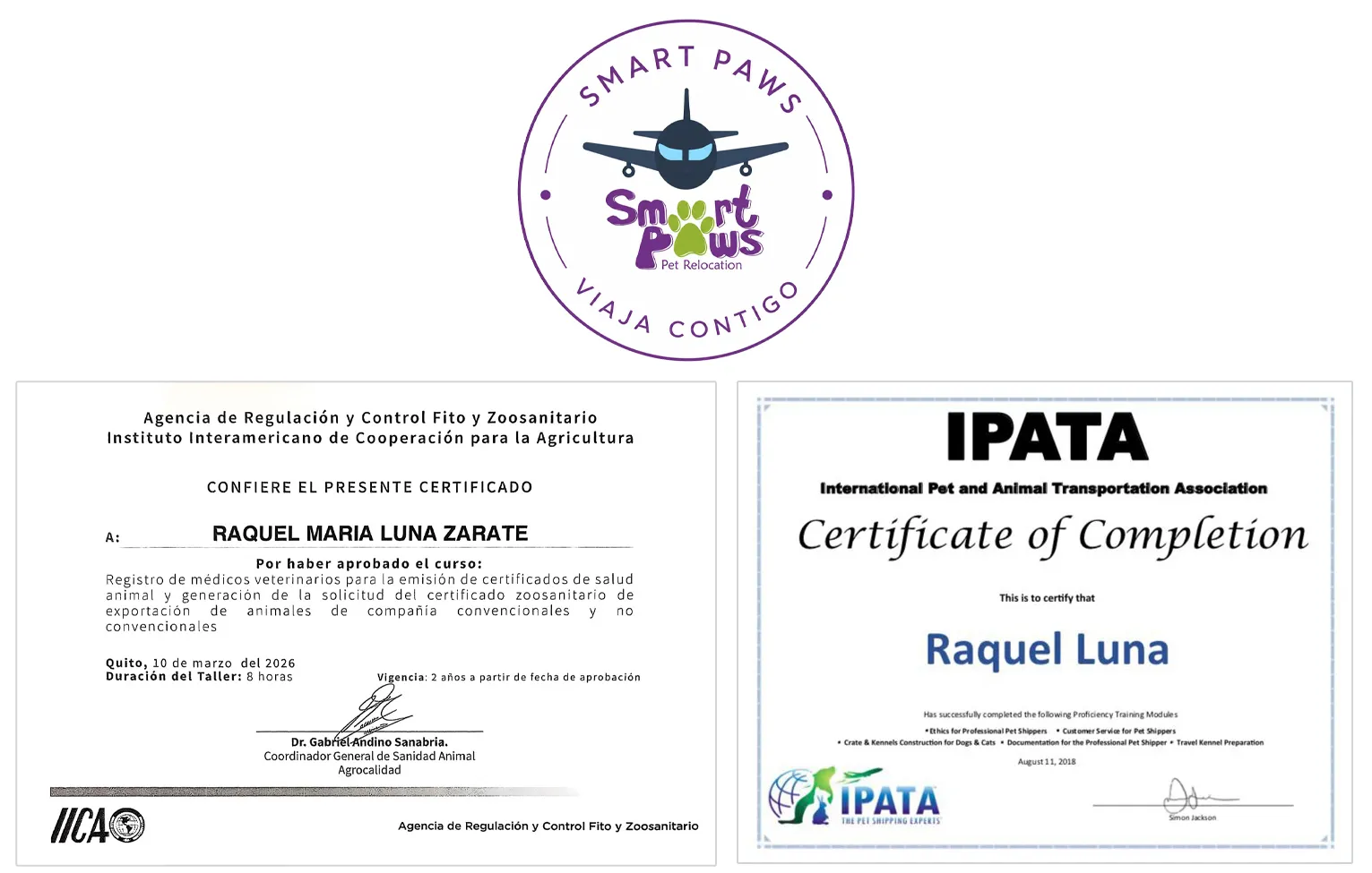 Certificación y respaldo profesional de Smart Paws Pet Relocation